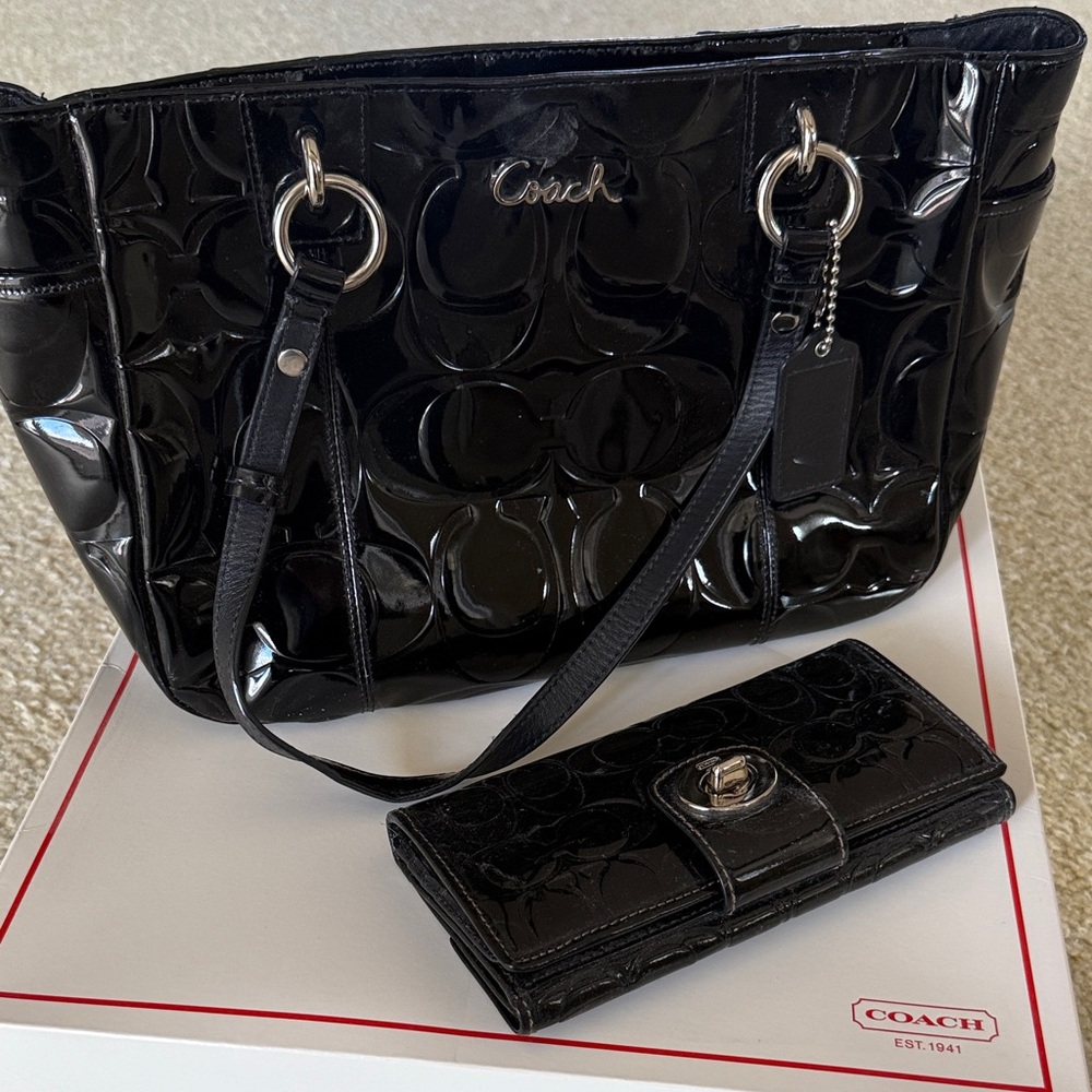 Coach Glossy Black Tote and Wallet Set